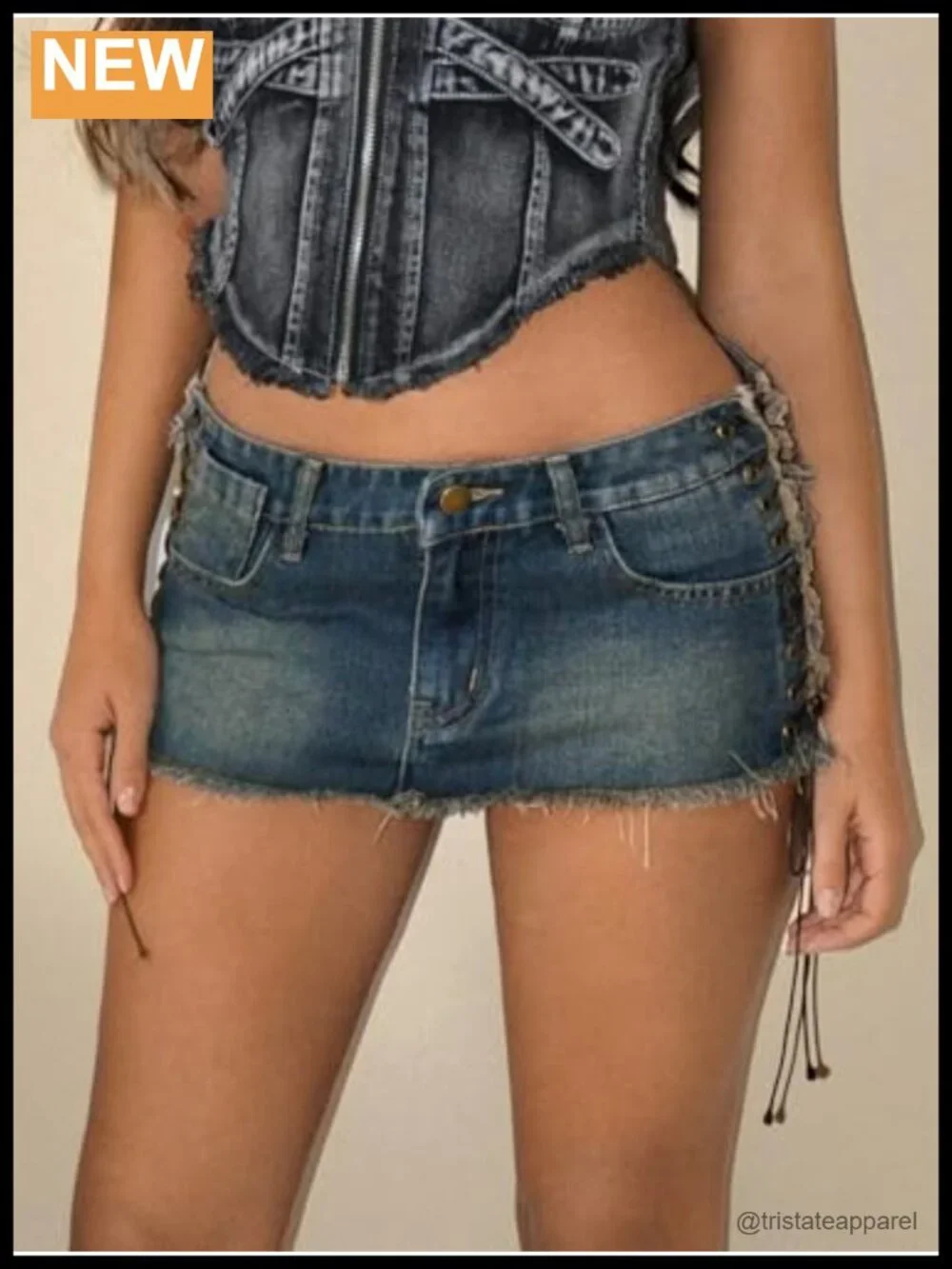 Lace Up Side Bodycon Denim Mini Skirt Y2k Low Rise Frayed Hem